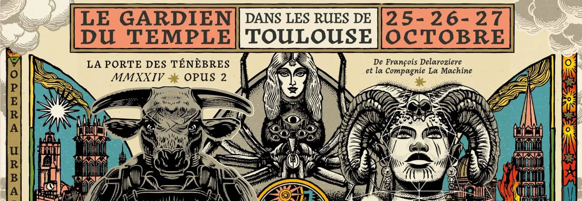 Cartel del espectáculo « Le Gardien du Temple » en las calles de Toulouse