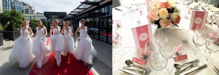 Une photo avec des mariés et une table de mariage